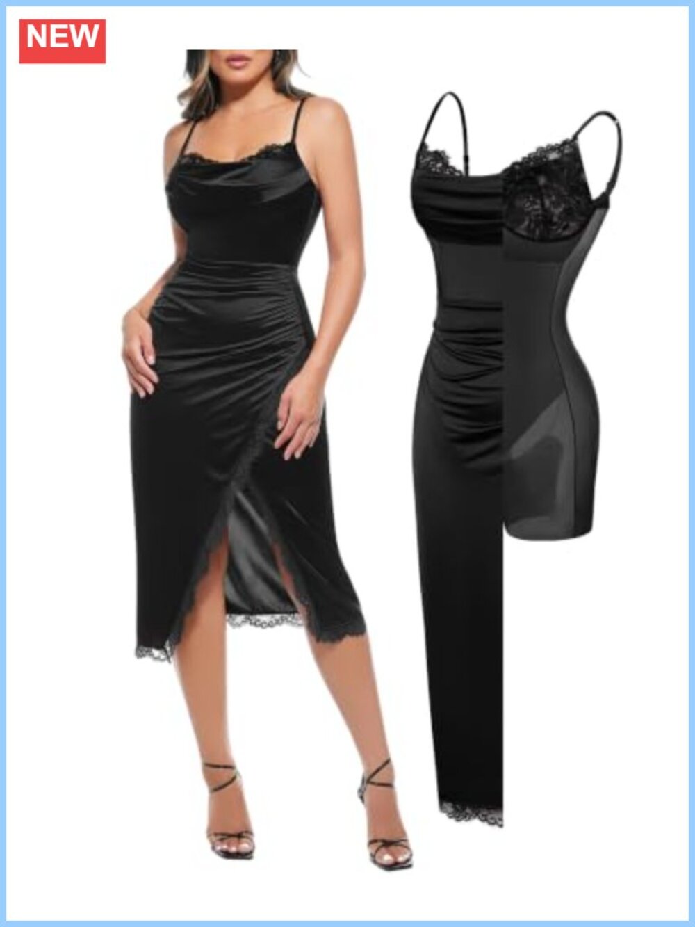 Popilush Satin Corset Dress Lace Trim Built-in Shapewear Midi Cocktail